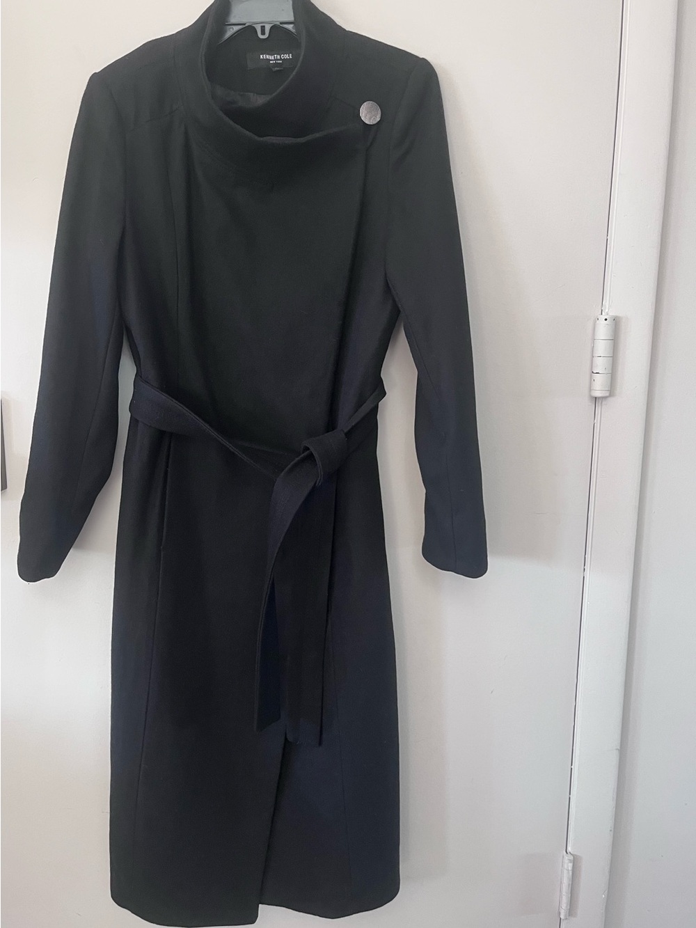 Kenneth Cole Black Belted Long Coat with High Collar - Picture 2 of 2